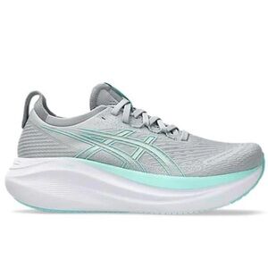 ASICS Women's Gel-Nimbus 27 run shoes Piedmont Grey/Illuminate Mint colorway.